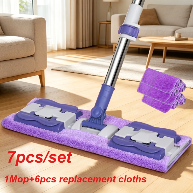 TEMU 7pcs [1 Mop + 6 Replacement Cloths] Household Flat Clamp Mop With 360-degree Rotating Head, Reusable Microfiber Cleaning Mop For Multi-surface