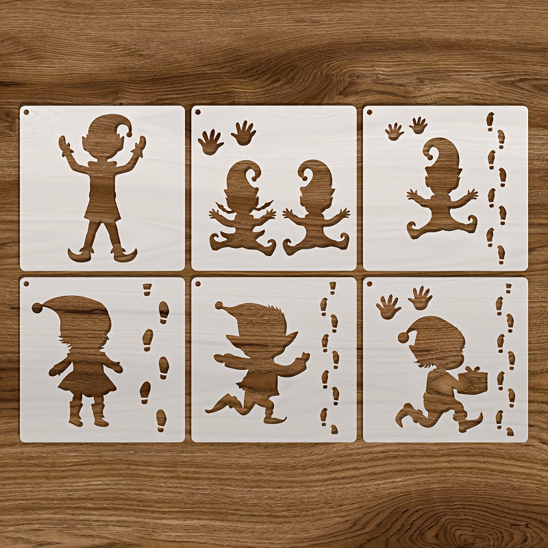 

6pcs Christmas Elf Stencils, 5.1" Reusable Pet Painting Templates For Fabric, Glass, Gift Boxes, Stationery, Walls & Crafts - Ivory