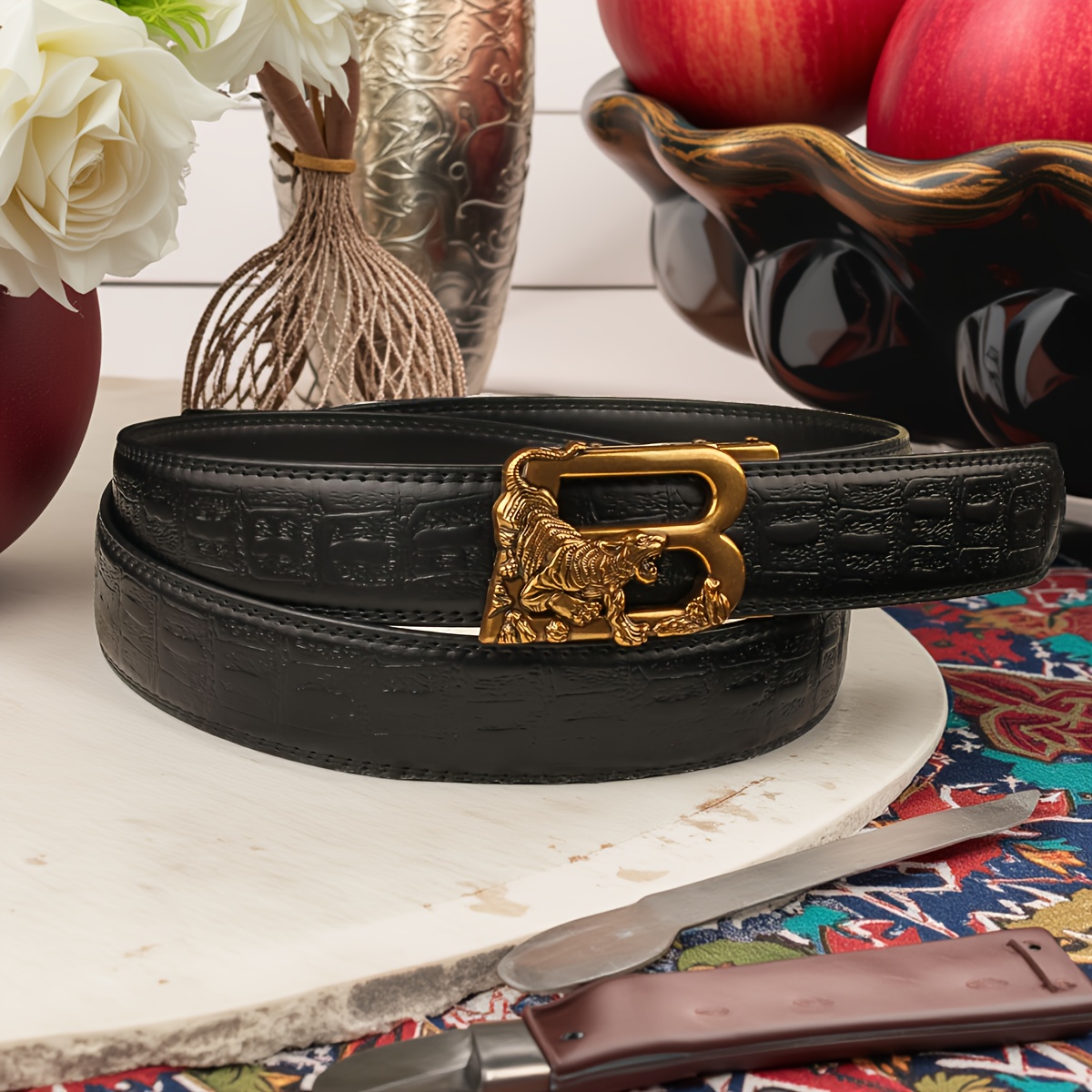 Powerful Tiger B Buckle Men's Belt with Crocodile Pattern