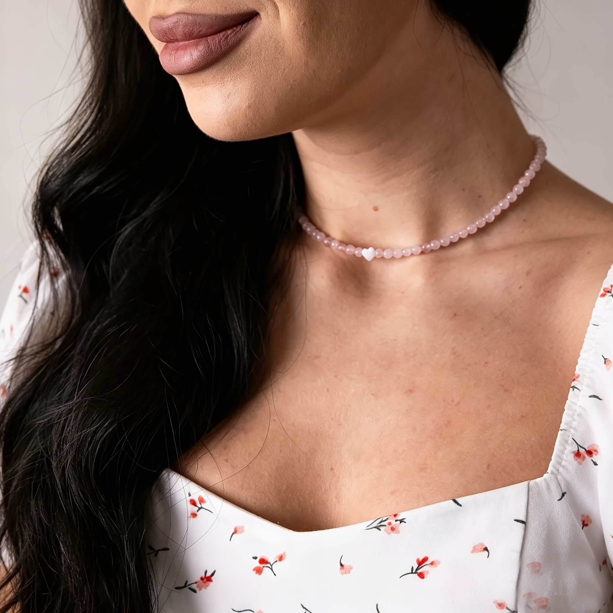 Image of 1pc Elegant Minimalist 4mm Round Bead Rose Quartz Necklace, Smooth Beads, White Heart Accent, Stone , Easy Layered Design, Daily And Special Occasion, Versatile Jewelry, Gift