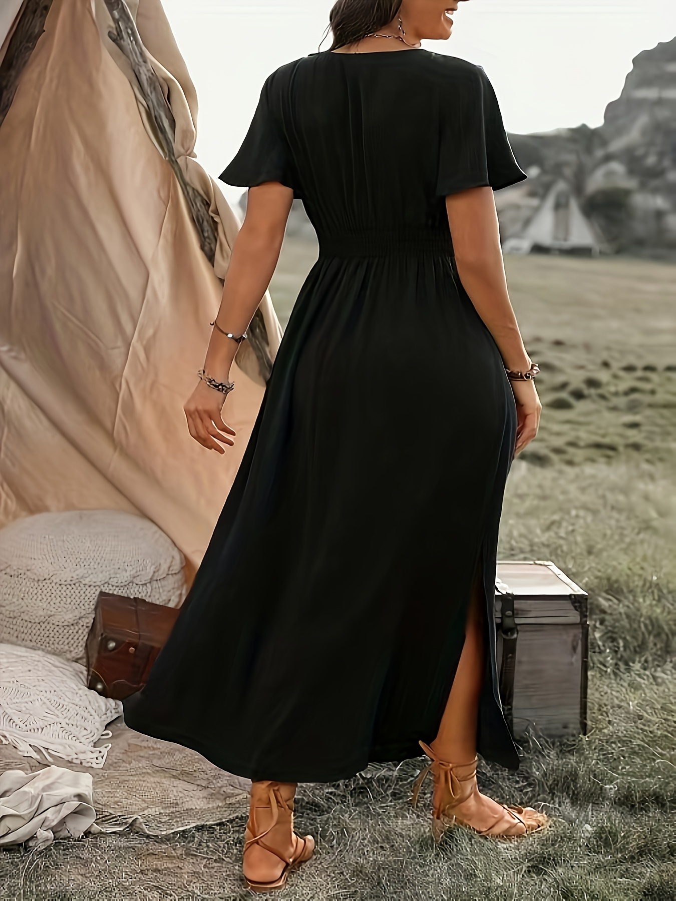 womens black chiffon cross neck short sleeve dress fit - Temu South Africa
