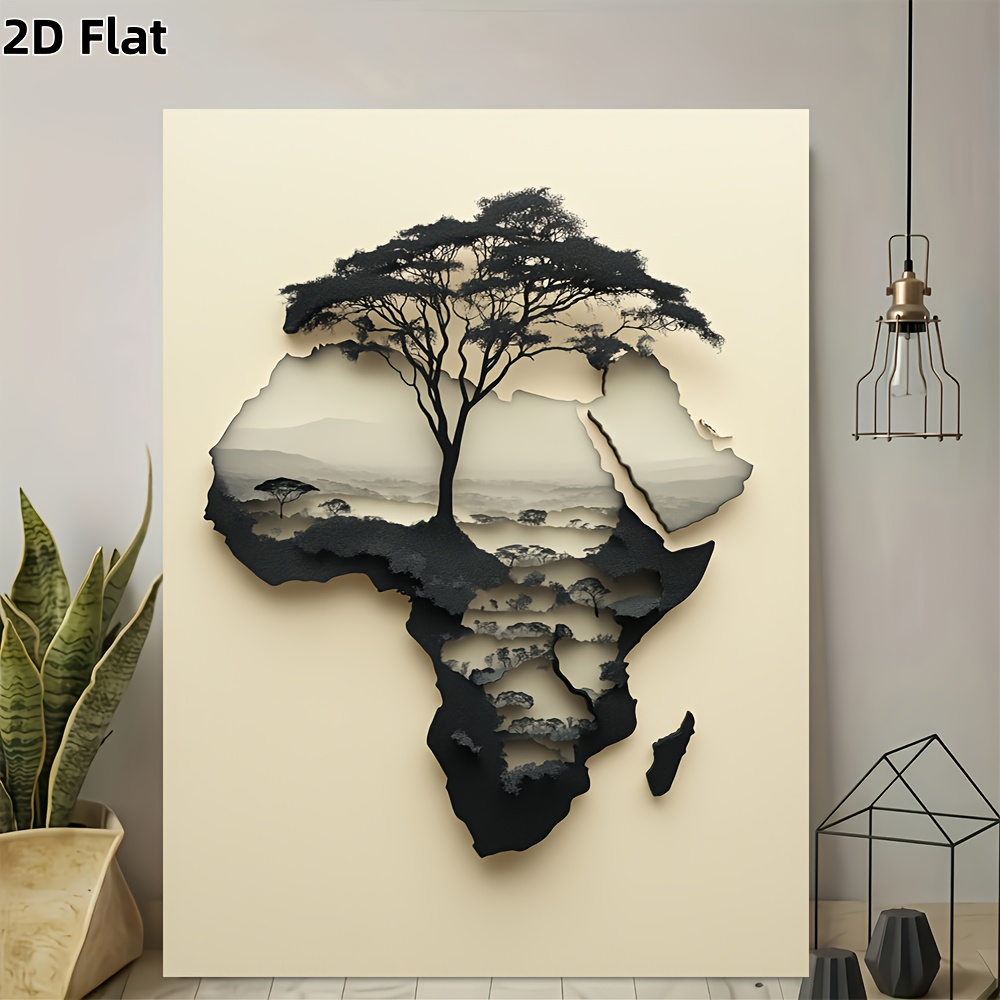 2D Flat, 2D Flat, 2D Flat A Modern Vintage Design Featuring a Black And White Map of Africa with a Tree, Printed on a Frameless Canvas. This High-Quality Poster Is Perfect for Elegant Home Office Decor And Is Currently on