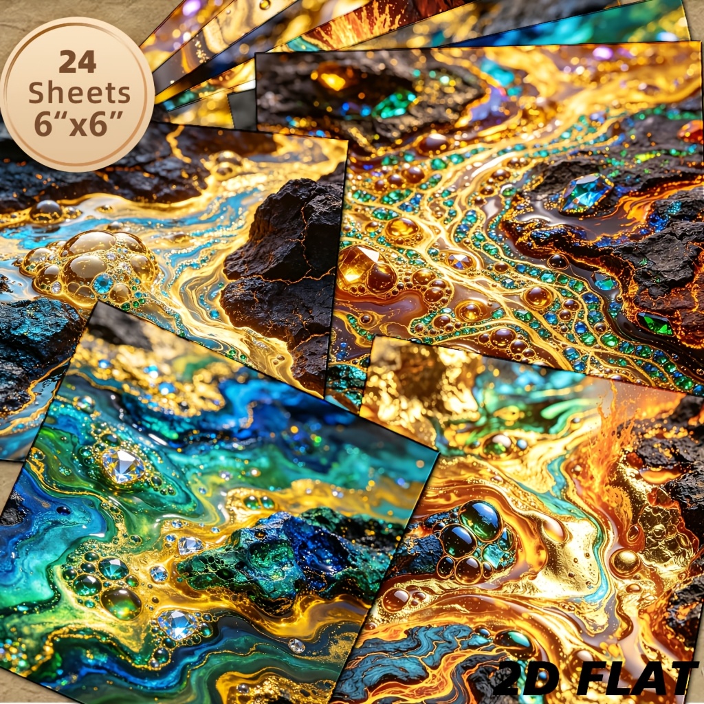 TEMU 24 Sheets 6x6 Inch Gilded Agate Fluid Gemstone Paper Suitable For Diy Scrapbooking, Resin Crafts, Journal Collage - 24 Non-repeating Mineral