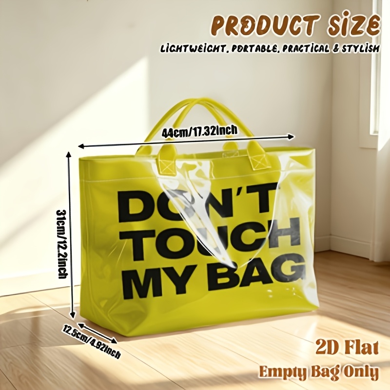 TEMU 1pc 2d Flat Printing Black Text Yellow Background Pattern Large Capacity Travel Tote Bag, Portable Shopping Bag, Commuting Bag, Beach Bag, Yoga