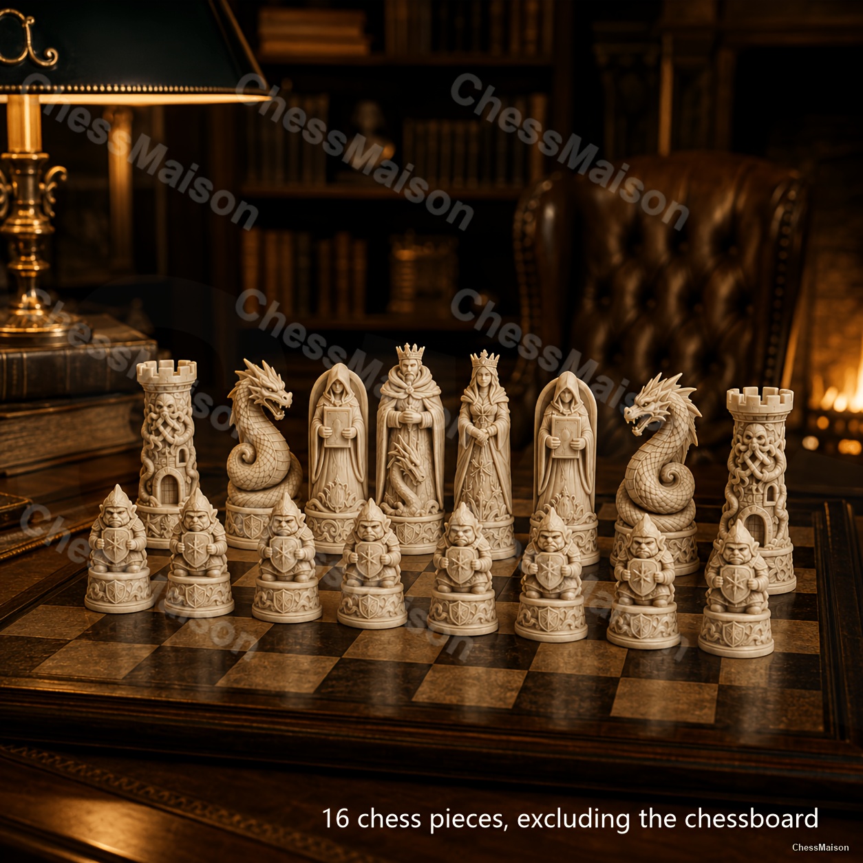 Image of 3d Medieval Themed Chess Pieces, Dragon, Knight Dwarf Pawns Sculptures, Art Carved Collectible Ornaments, Premium Handmade Board Game Additions Suitable For Halloween And Christmas