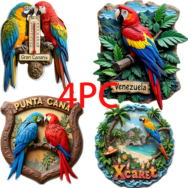 TEMU 4pcs & Magnets Suitable For Refrigerator, Cabinet Door Decor - Style Bird Magnets With Macaw Parrot Design, Compatible For Fridge Magnets, Gift