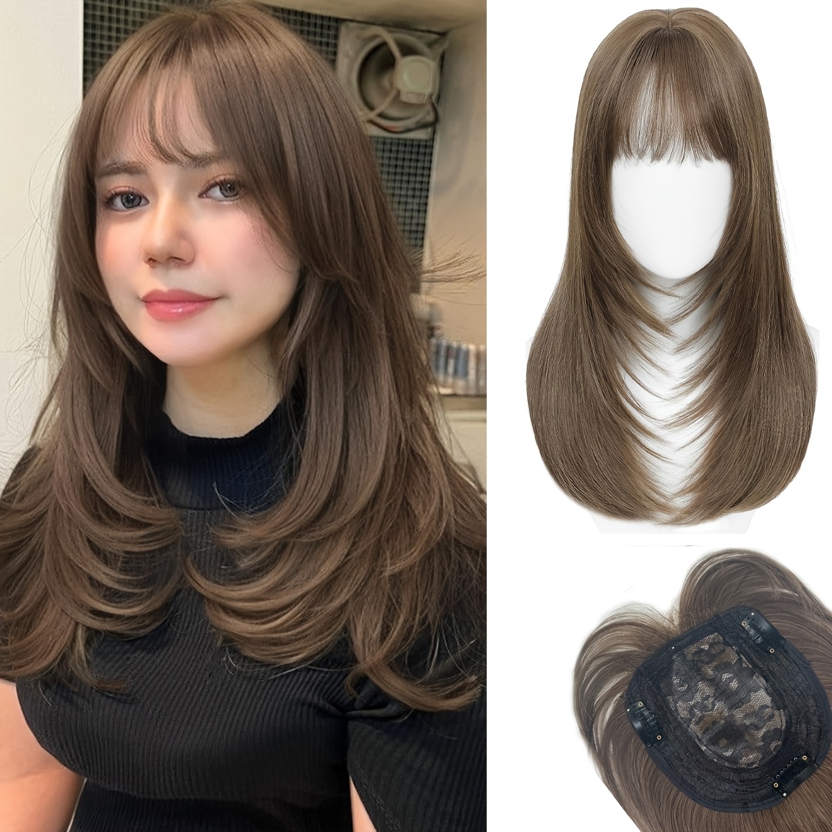 TEMU 20-inch (approximately 51cm) Women's Synthetic Hair Topper With A Base And 3 Hair Clips, Suitable For Thinning Hair And Gray Hair Loss