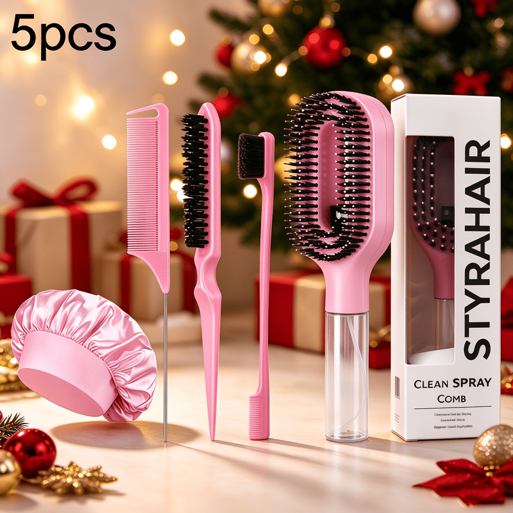 TEMU 5pcs Pink Spray Hair Brush Set With Satin Sleeping Bonnet, Refillable Fine Mist Detangling Spray Comb, Anti-static Styling Kit With Rat Tail