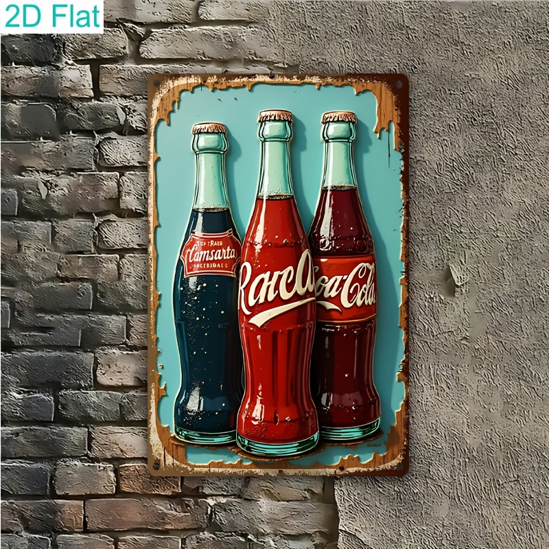 TEMU Plat 2D, [Plat 2D] Panneau en métal Rétro Bouteilles de boisson, Décoration murale de bar vintage, Maison, Garage, Café, Pub, Plat 2D