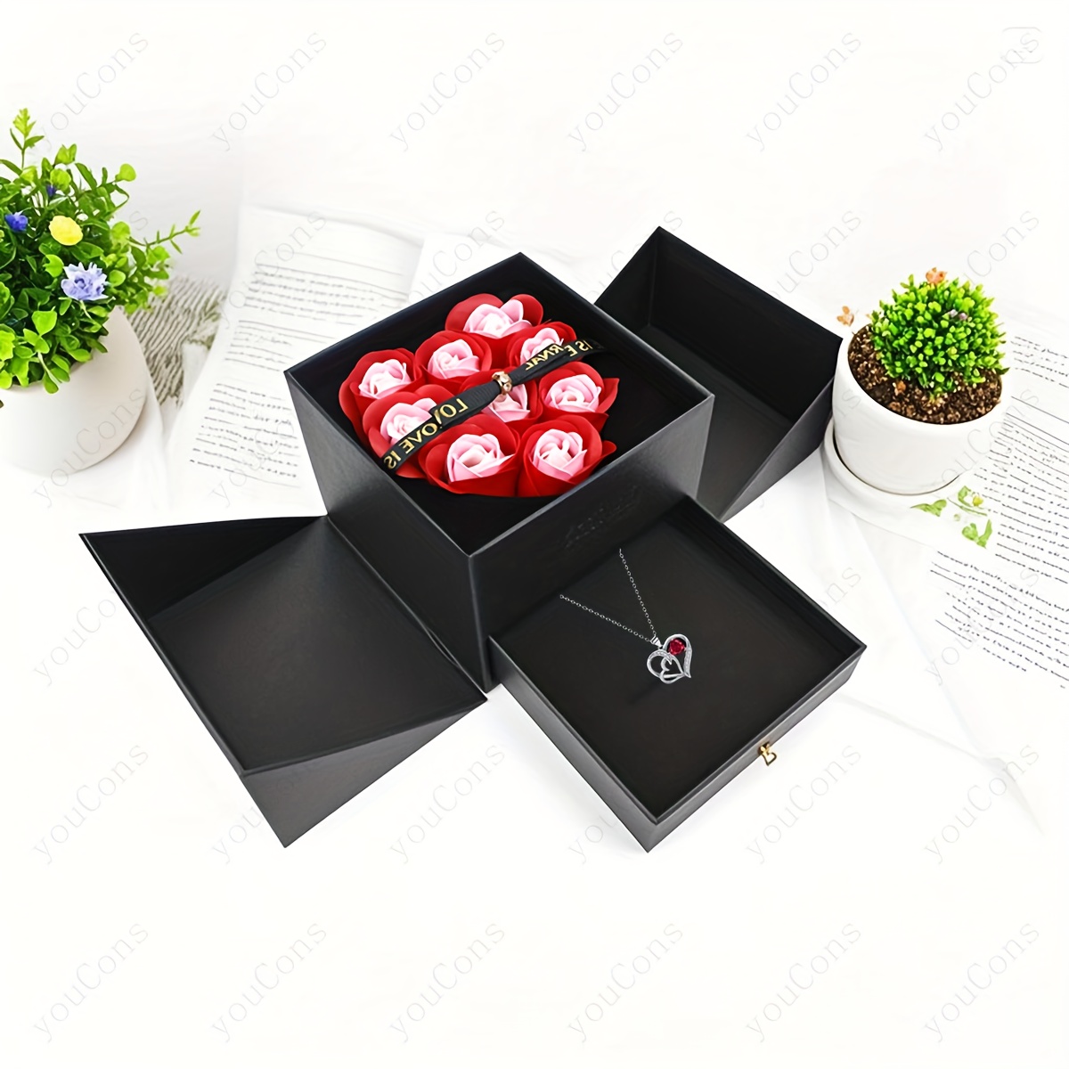 Red Synthetic Zirconia Double Heart Pendant Necklace Gift Set