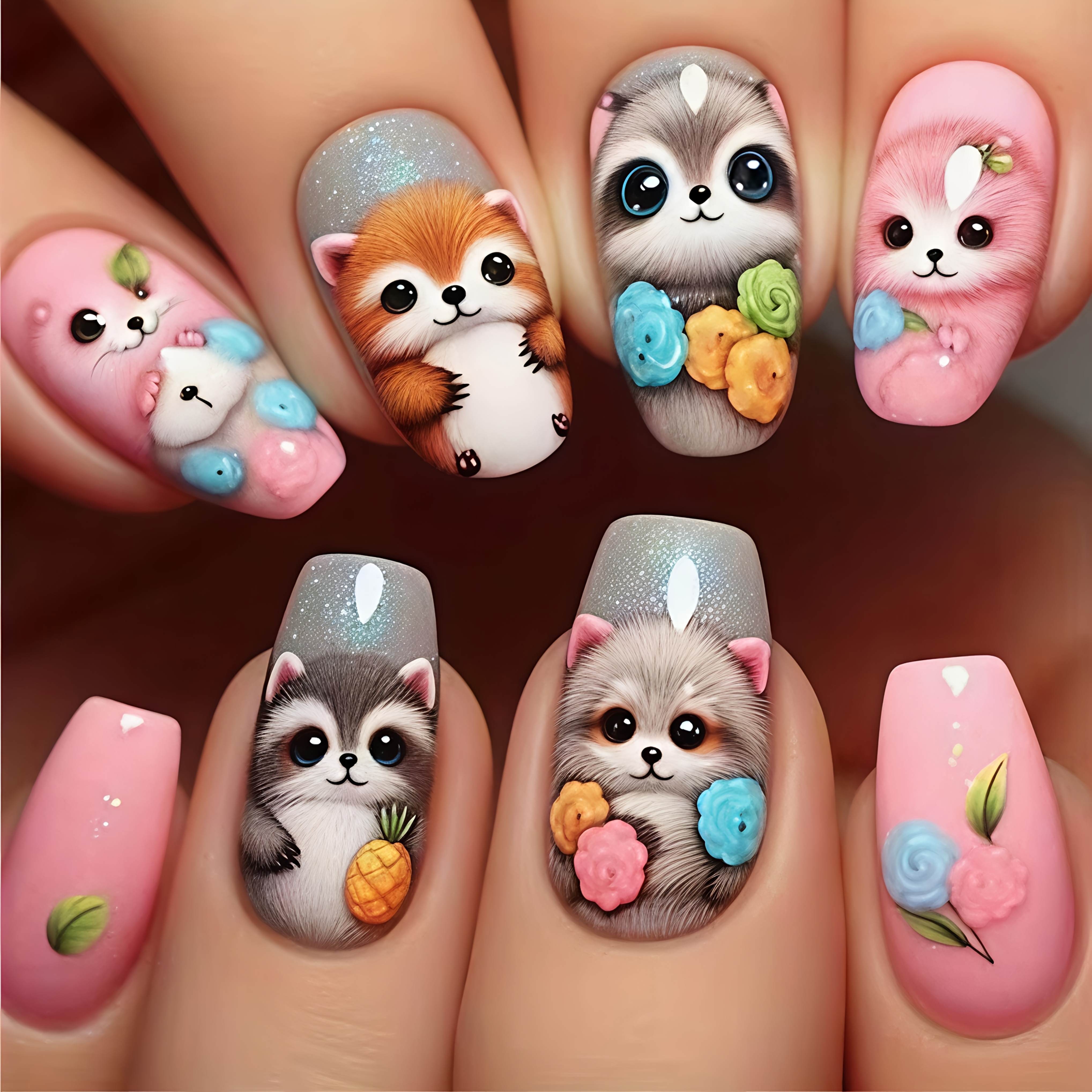 Image of A Set Of 24 Cute Animal-themed Pink Ballet-style Glossy Press-on Nails, Wear, Parties, And Gatherings, And Easily And Reused