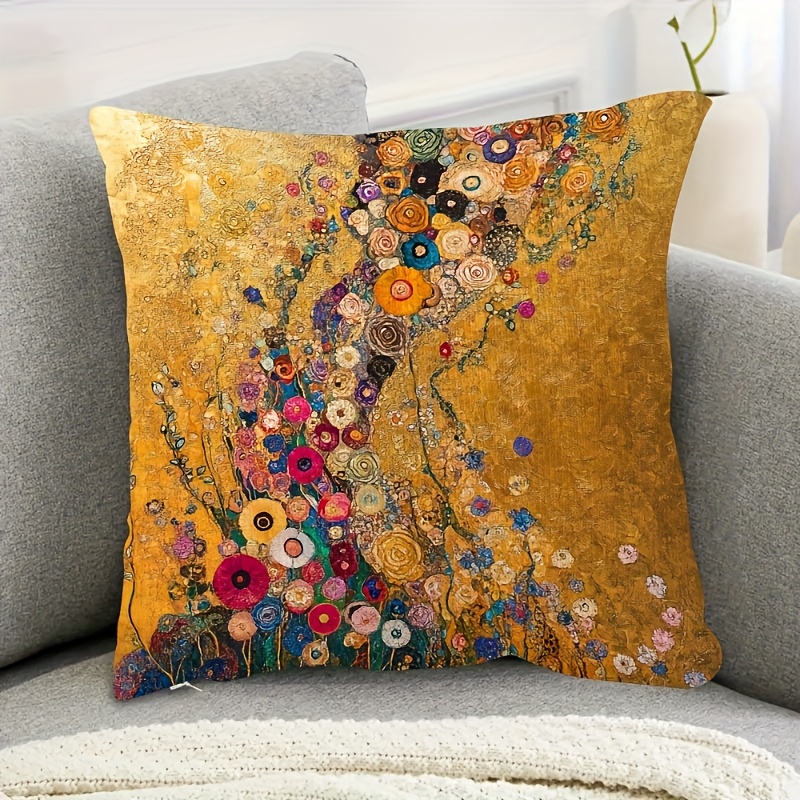 TEMU 1pc Short Plush Pillow Cover, Double-sided Printed, 18x18 Inches, Klimt-style Floral Decoration, Zipper Closure, Machine Washable, Suitable For