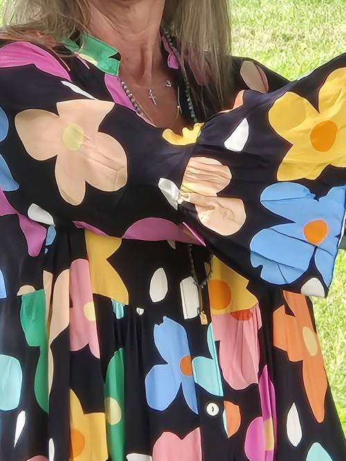 women floral print boho v neck maxi dress with layered design button closure three quarter flared ruffle sleeves super loose fit