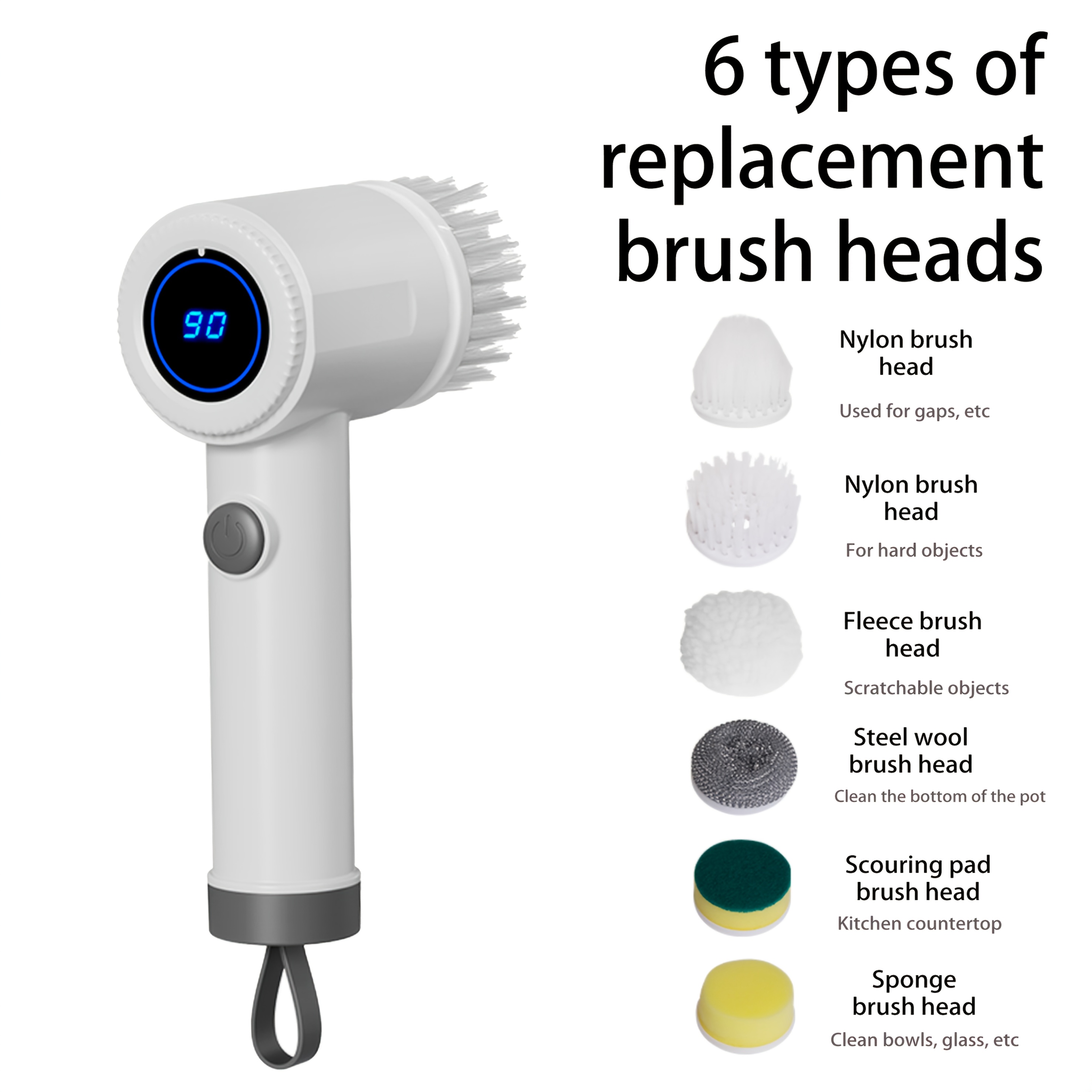 TEMU 360° Rotating Cordless Electric Cleaning Brush, Rechargeable Handheld Spin Scrubber W/6 Brush Heads & Digital Display, Multi-surface Cleaner For