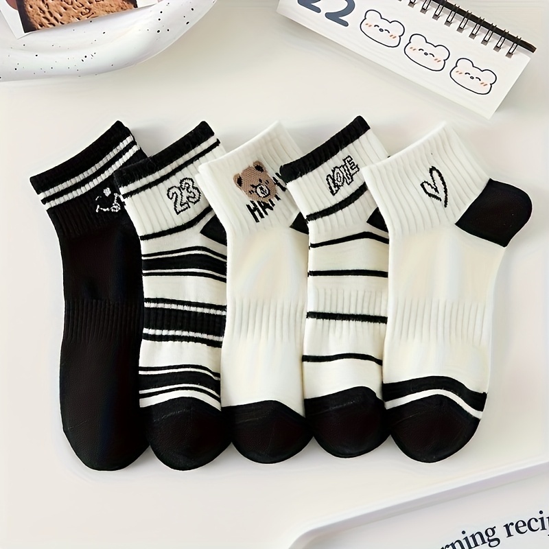 E-shop 10 / 5 Paar Damen Kurzsocken in mit Cartoon-Bär, Herz Streifen-Design – Leicht & bequem für den , süße Bärenmuster, Herzen, Buchstaben -