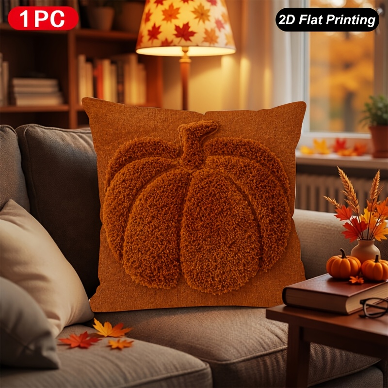 TEMU 1pc Fall Short Plush Yellow Orange Cute Pumpkin Fall Throw Pillow Covers Cushion Case Decoration For Sofa Couch 18x18 Inch Printing No Pillow