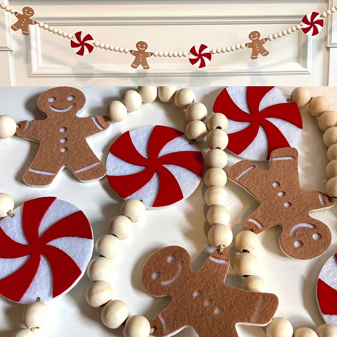

Christmas Wreath With Felt Gingerbread Men And Red Peppermint Candy Banner - Handmade Mantle Home Decor - Farmhouse Bunting Wall Decoration - Wood Beads & Bead Assortments Set