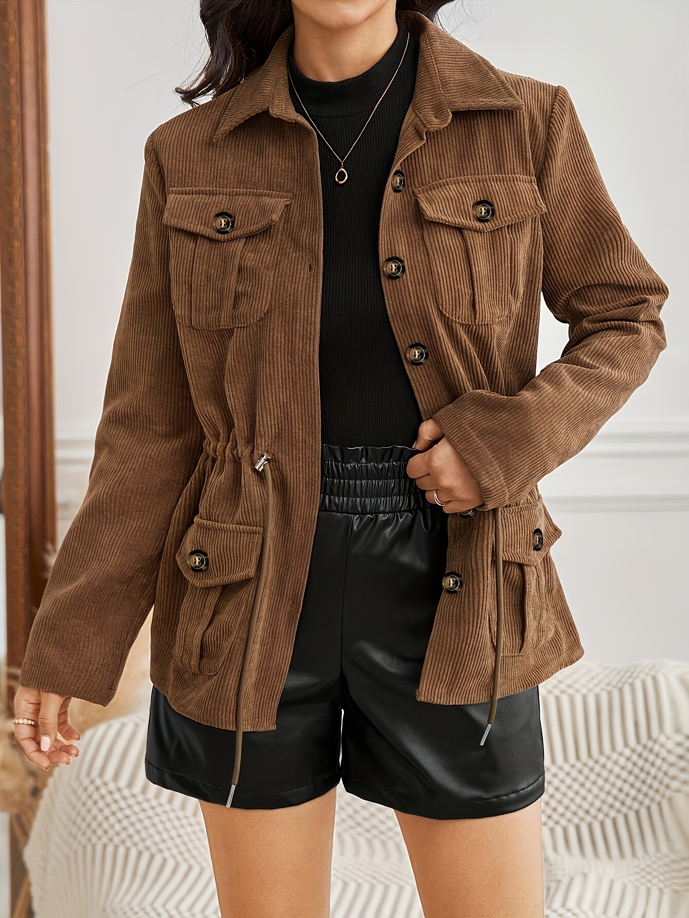 veste décontractée convertible pour femme avec capuche à cordon - manteau lavable en machine toutes  , poches   & design uni, collection   Détails du produit 8