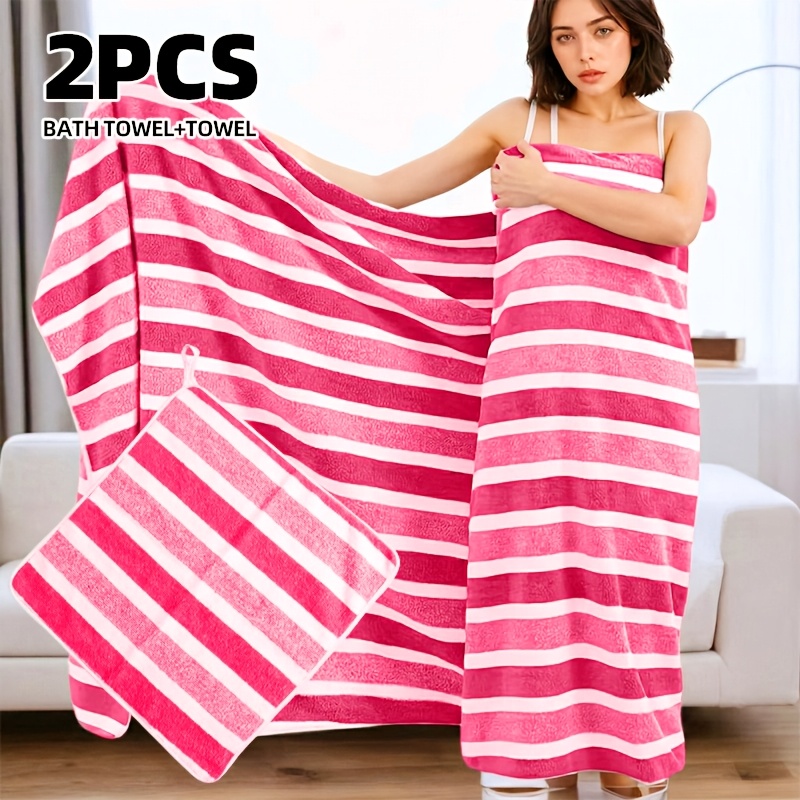 TEMU Juego de toallas de baño extragrandes con rayas anchas , 2 piezas, que 1 toalla de baño de 90 x 180 cm [35.43 x 70.87 pulgadas] y 1 toalla de de