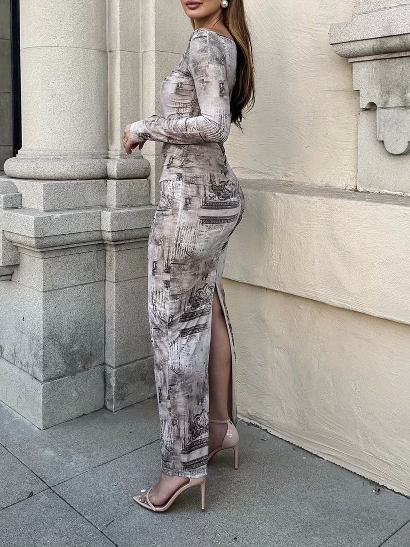 boat neck winter dress Alexandranx Brown Slim Fit Maxi Dress Women's Long Sleeve Knitted Fabric Flared A-Line Elegant Casual Autumn Winter Wedding Guest Gown,L
