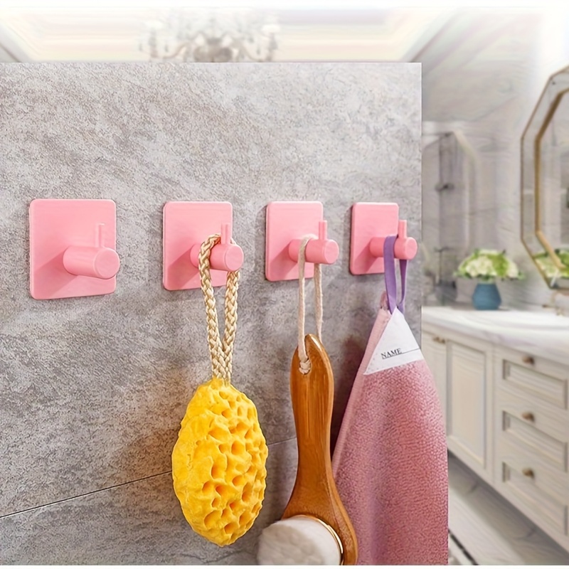Image of 4pcs Pink Adhesive Wall Hooks - Strong Damage-free Hooks For Hanging Robes & Towels, Ideal For , On Doors & Clothing, Stylish , Bathroom Accessory | Fashionable Design | Damage-free Hanging, Suitable