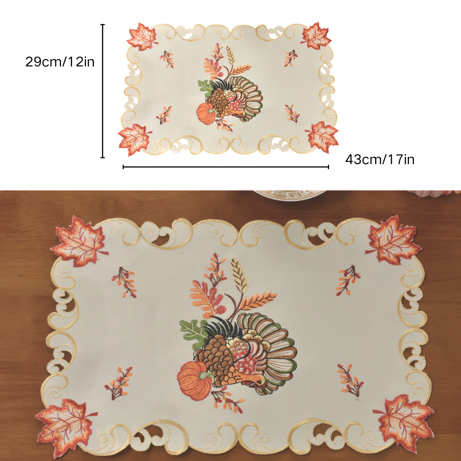 TEMU 1pc Thanksgiving Table Runner, Embroidered Turkey Pumpkin Maple Leaf Dresser Scarf, Ivory Holiday Decorations|kitchen Decorations, Party Table