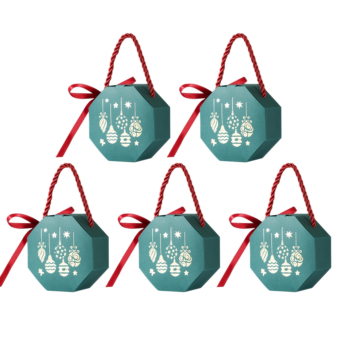 TEMU 5/20pcs Christmas Themed Octagonal Handheld Candy Boxes With Rope Handle, Xmas Ball Star Golden/ Stamping Pattern Paper Gift Boxes With Ribbon