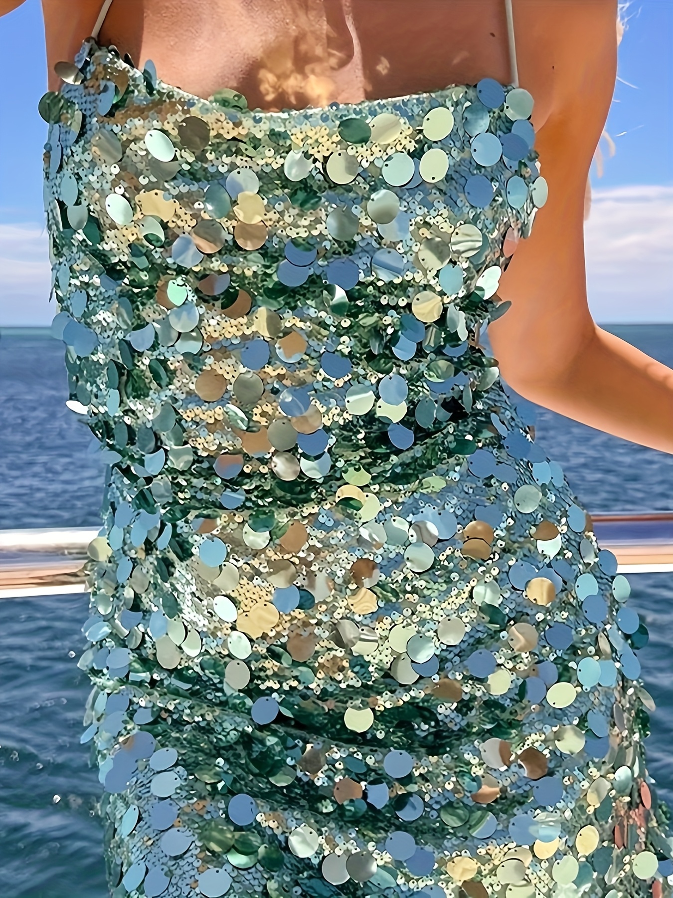 Directional * Summer Beach Sequin Tie-Back Backless Camisole Dress Short  Skirt