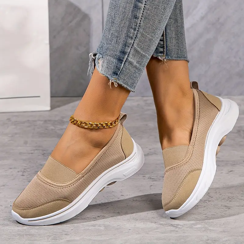 womens spring casual slip on sneakers comfortable solid color mesh fabric shoes non slip soft pvc sole low top plain toe walking shoes for middle aged and elderly details 8