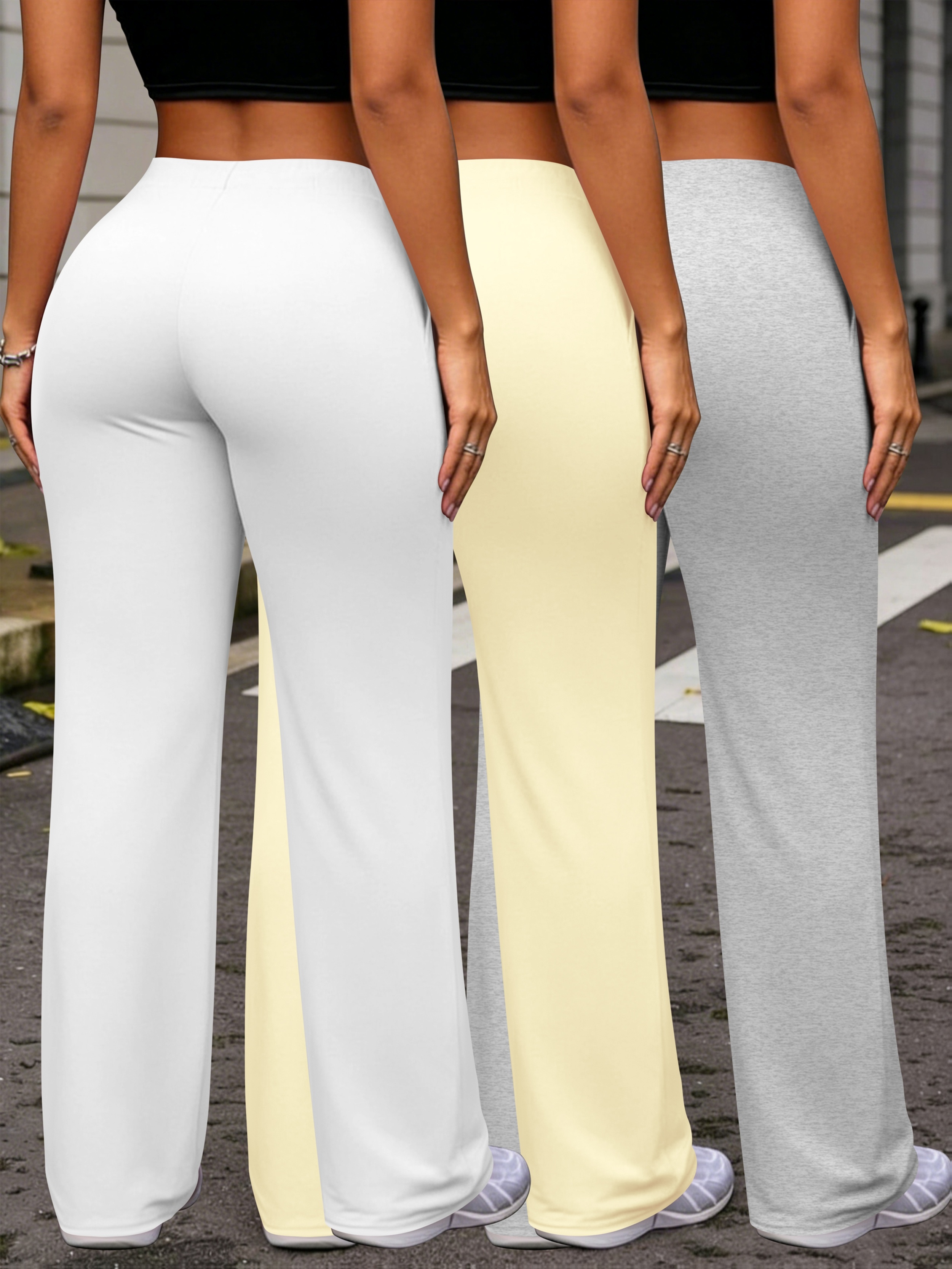 Women'S Casual Three-Piece Wide-Leg Pants, Drawstring Waist Pocket Comfortable Versatile Solid Color Style Trousers