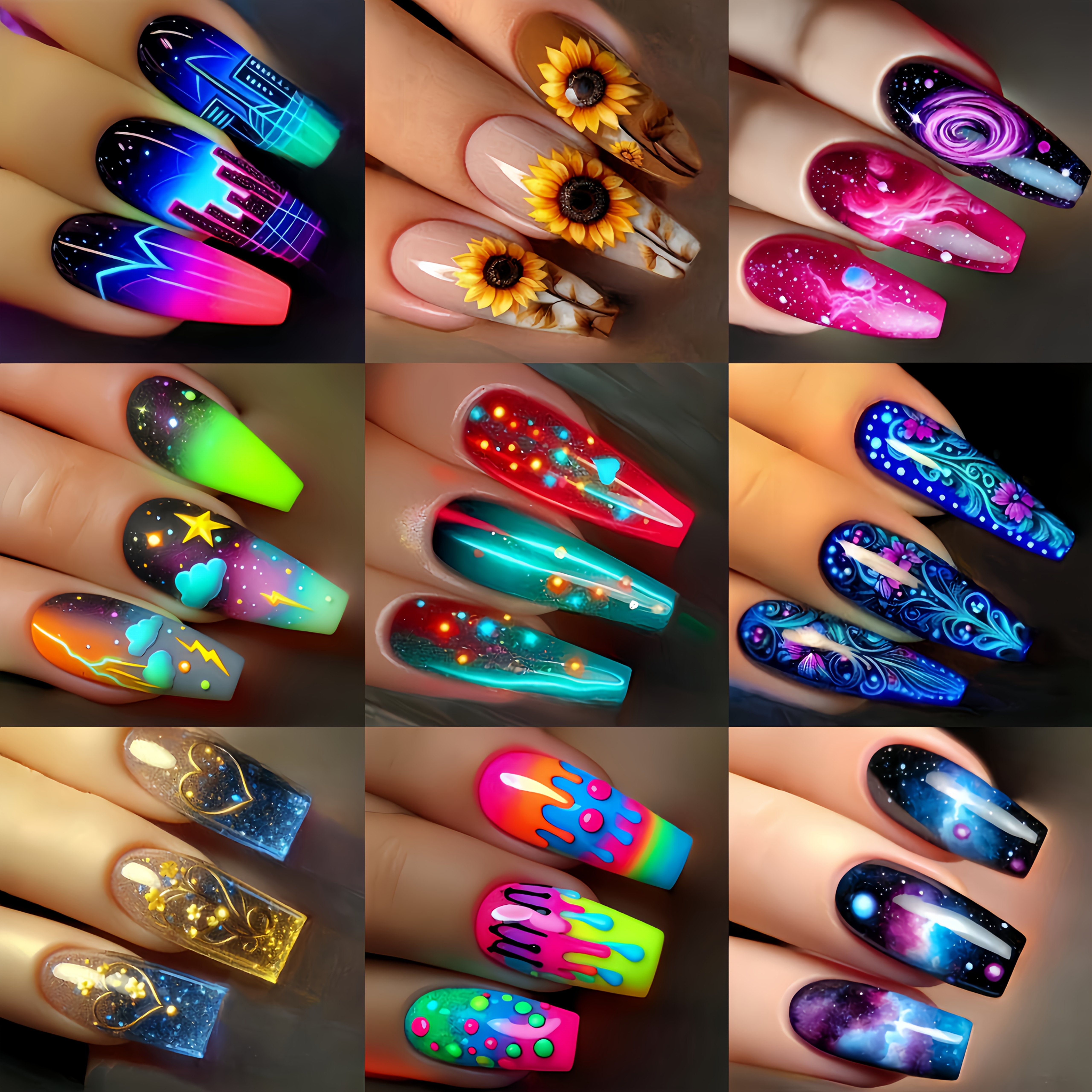 

216pcs Vibrant Press-on Nail Set - Long Coffin/ Shape, With Floral & Designs - , Fashionable False Nails In Mixed Colors For All , Nail Art Supplies