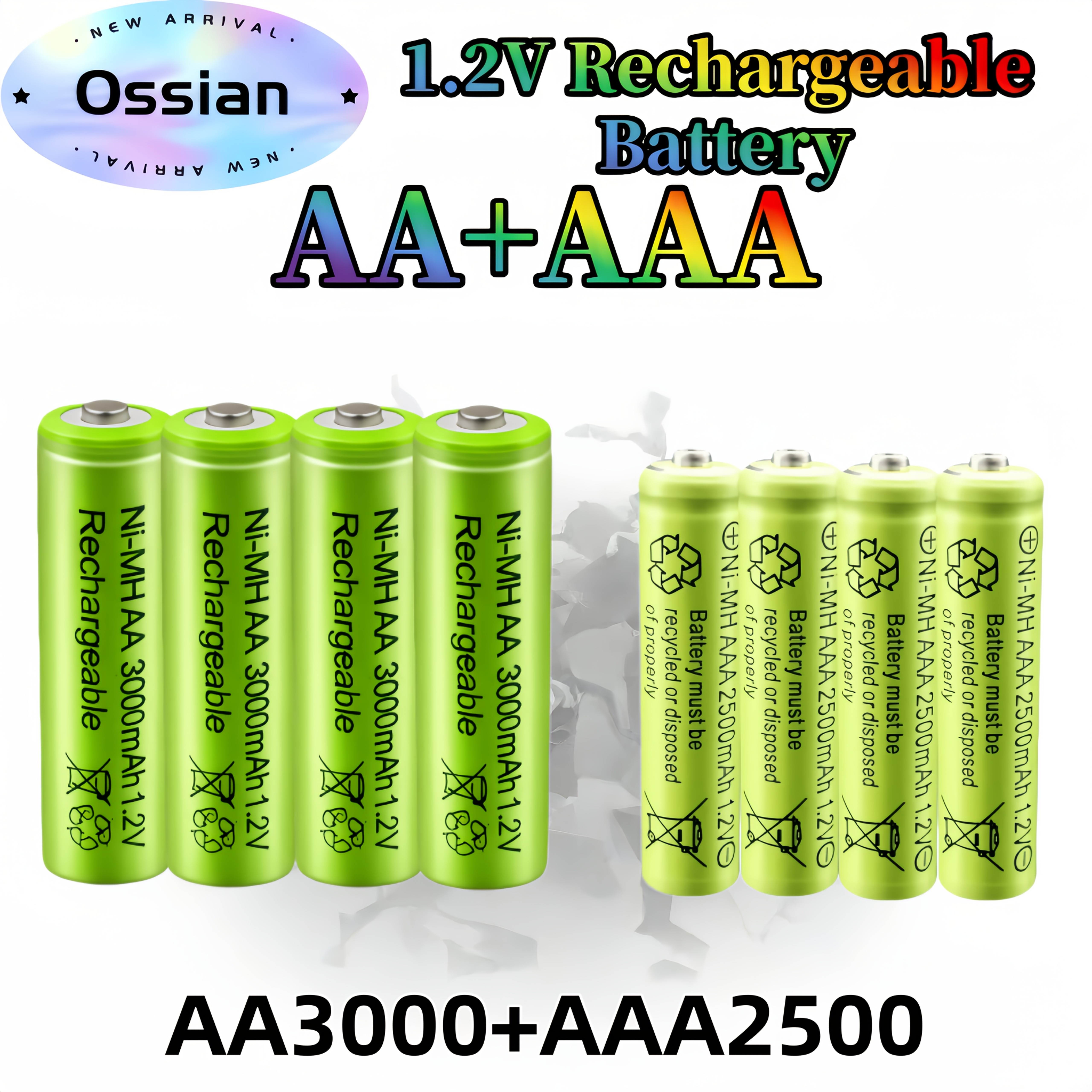 TEMU Ossian 8er-Pack (4 AA und 4 AAA) Nimh Akku, wiederaufladbar, hohe Kapazität, 1,2 V Ni-MH-Akku für ferngesteuerte Spielzeug-Taschenlampe