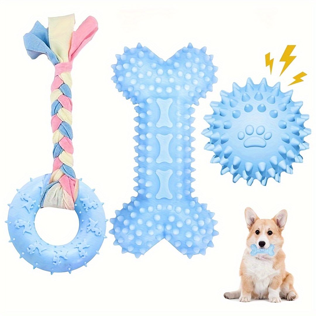 

3pcs Soft Rubber Puppy Chew Toys For Teething - Rope, Bone & Ball Set For Small Dogs - Interactive Outdoor Play And Dental Health