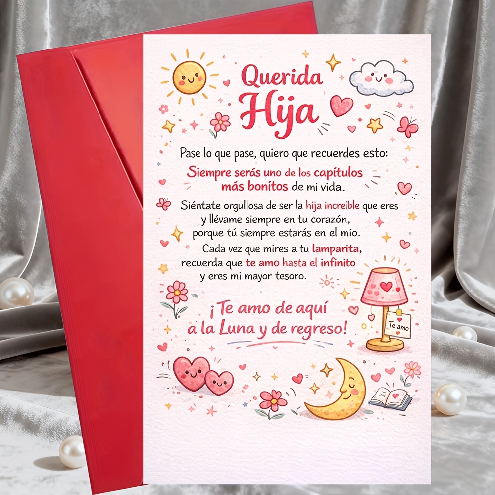 TEMU 1 Tarjeta de felicitación + 1 sobre Para , la luna, tarjeta de felicitación o papá con mensaje en español, corazones y luna, regalo para ,