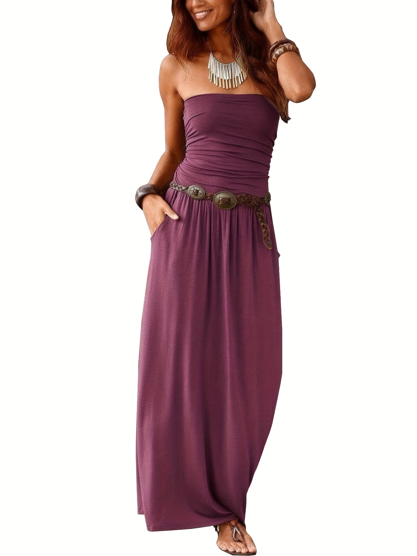 solid slim tube dress versatile strapless pockets ruffle hem dress for spring summer womens clothing
