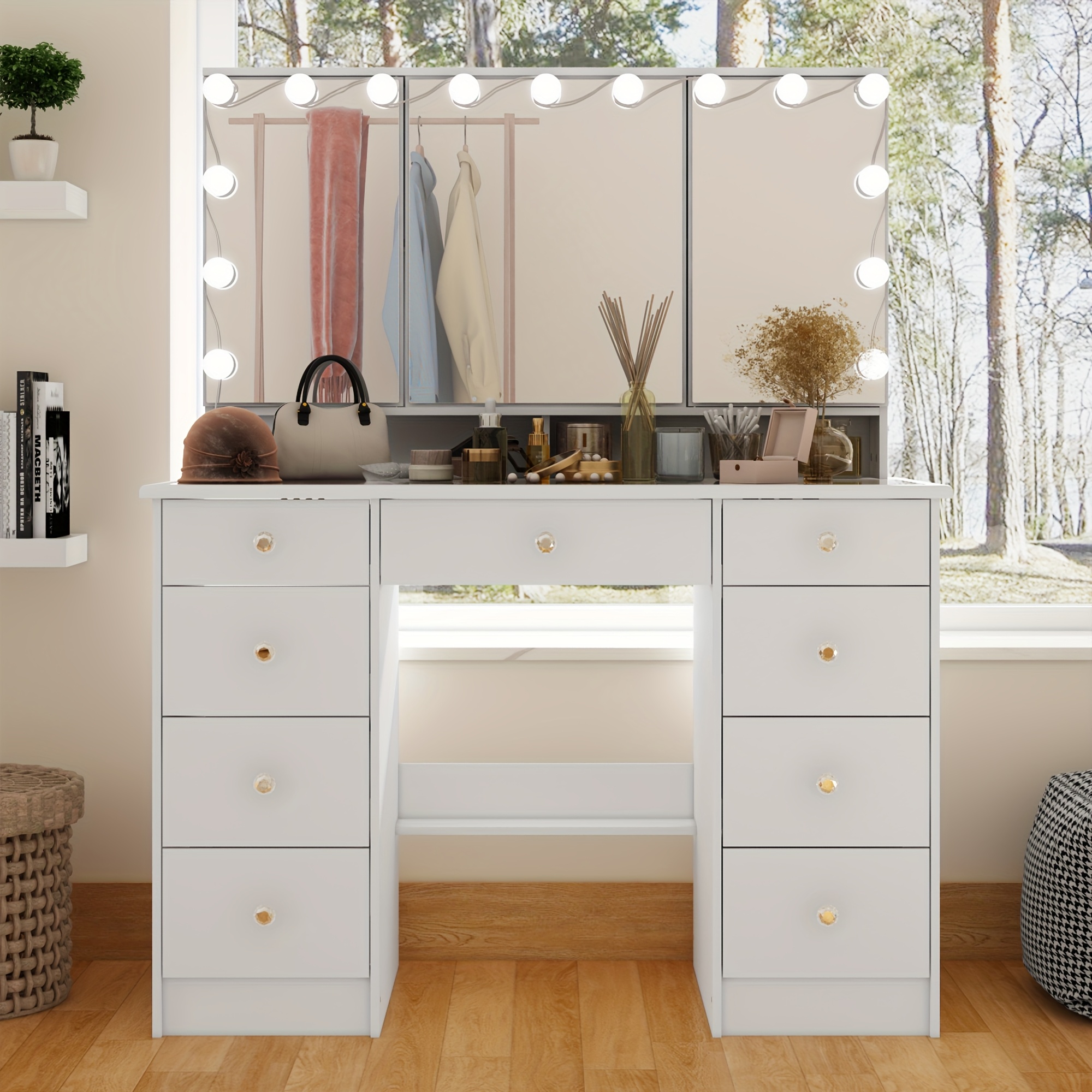 TEMU Coiffeuse avec 9 tiroirs, éclairage LED 3 couleurs et étagères, table de maquillage avec plateau spacieux, base dorée et poignées en cristal,