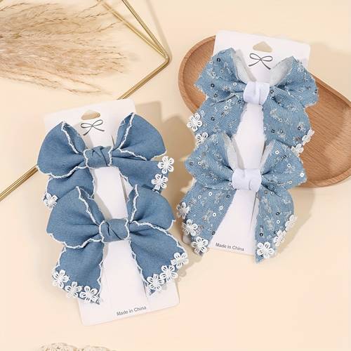 2pcs bow hair clips for blue denim bow hair pins with flower designs all inclusive clips cute hair accessories for