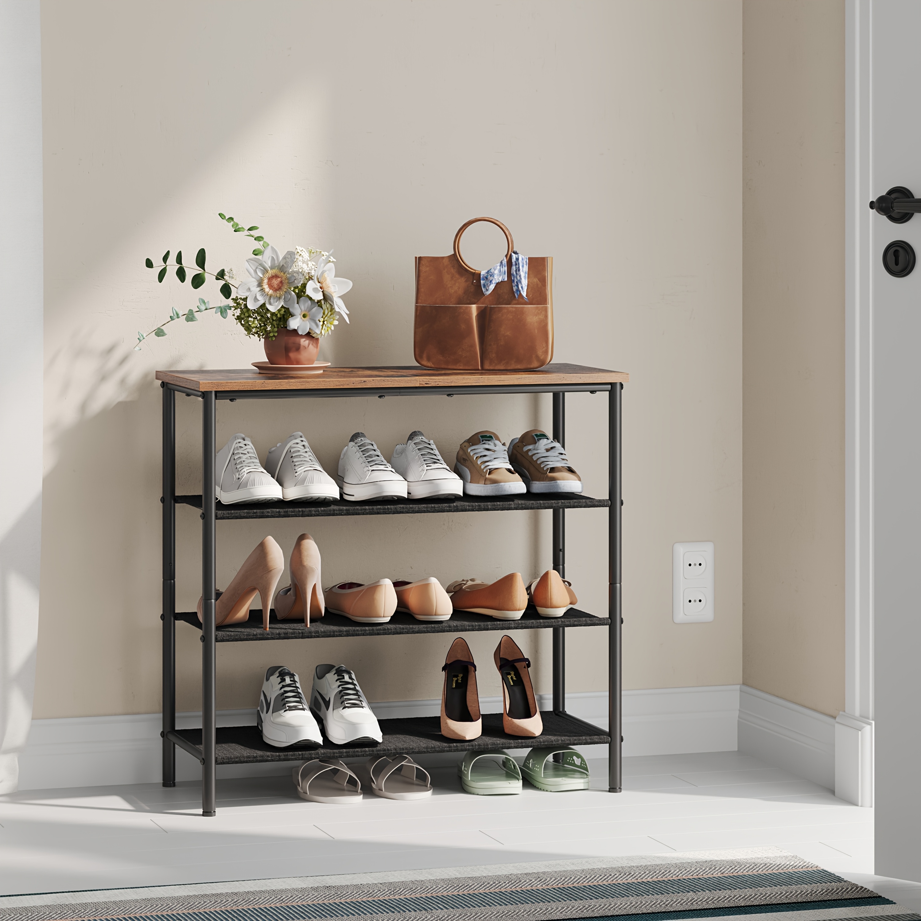 Image of 4-tier Shoe Organizer, Slim Storage Solution For Footwear, Featuring 3 Fabric Shelves And A Top Section For Bags, Metal Frame, Suitable For Hallway, Wardrobe, Industrial Style