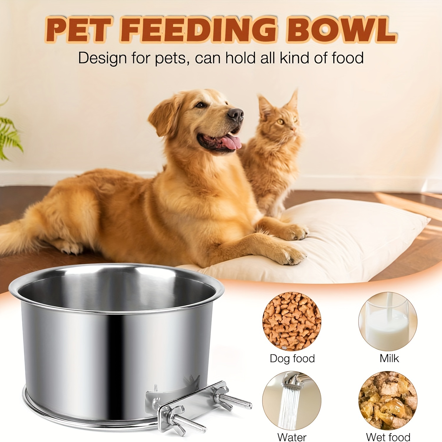 

1pc Dog Food Bowl Water Bowl For Cage, Stainless Steel Non-spill Hanging Dog Bowl With Clamp Holder, Pet Crate Feeder Basin For Neck Protection