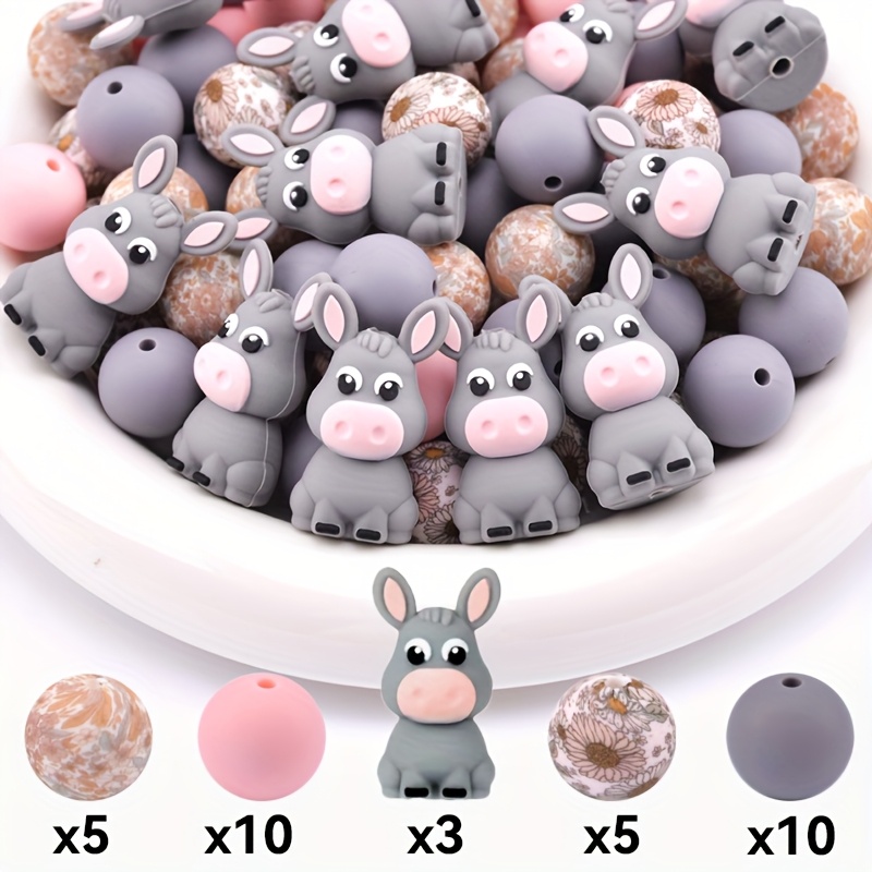 TEMU 33pcs Grey 3d Donkey Silicone Beads Set - Colorful Loose Beads For Diy Crafts, Keychains, Bracelets, Necklaces, And Lanyards, Cute Animal Beads