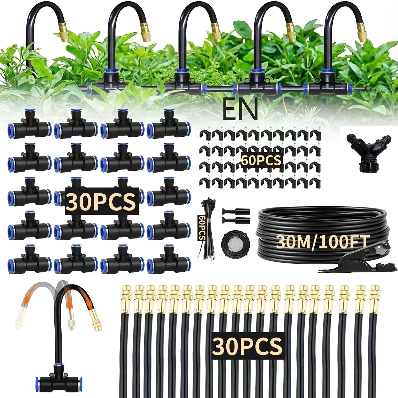 E-shop 30,48 Meter 1/4-Zoll Tropfbewässerungs-Set mit 30 verstellbaren Düsen, automatisches Zerstäubungs-Bewässerungssprinklersystem für Garten,
