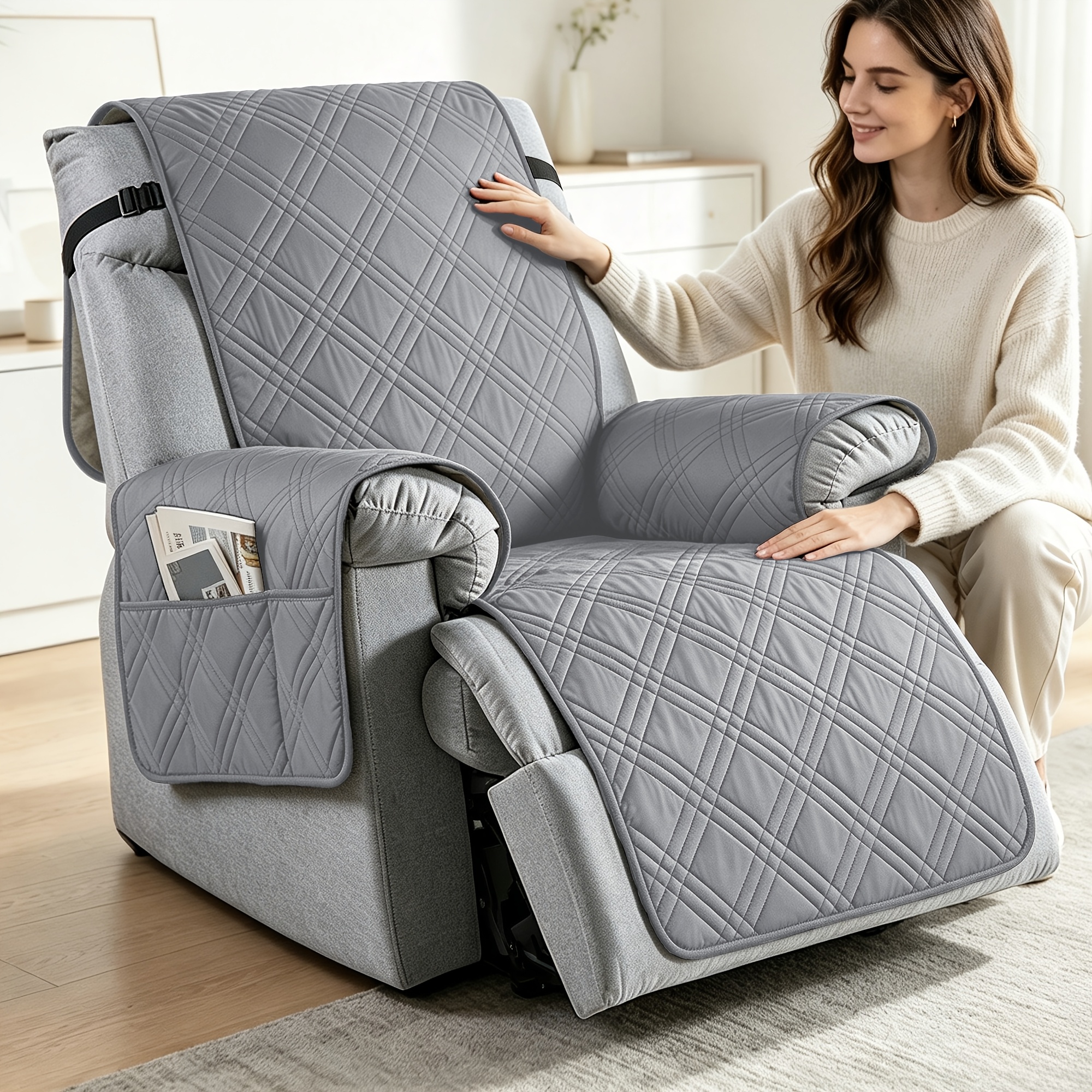 TEMU 1pc Recliner Cover With Pockets, Pet Mat, Washable And Durable Furniture Sofa Protector For Bedroom, Office, Living Room, Enhances Home Decor,
