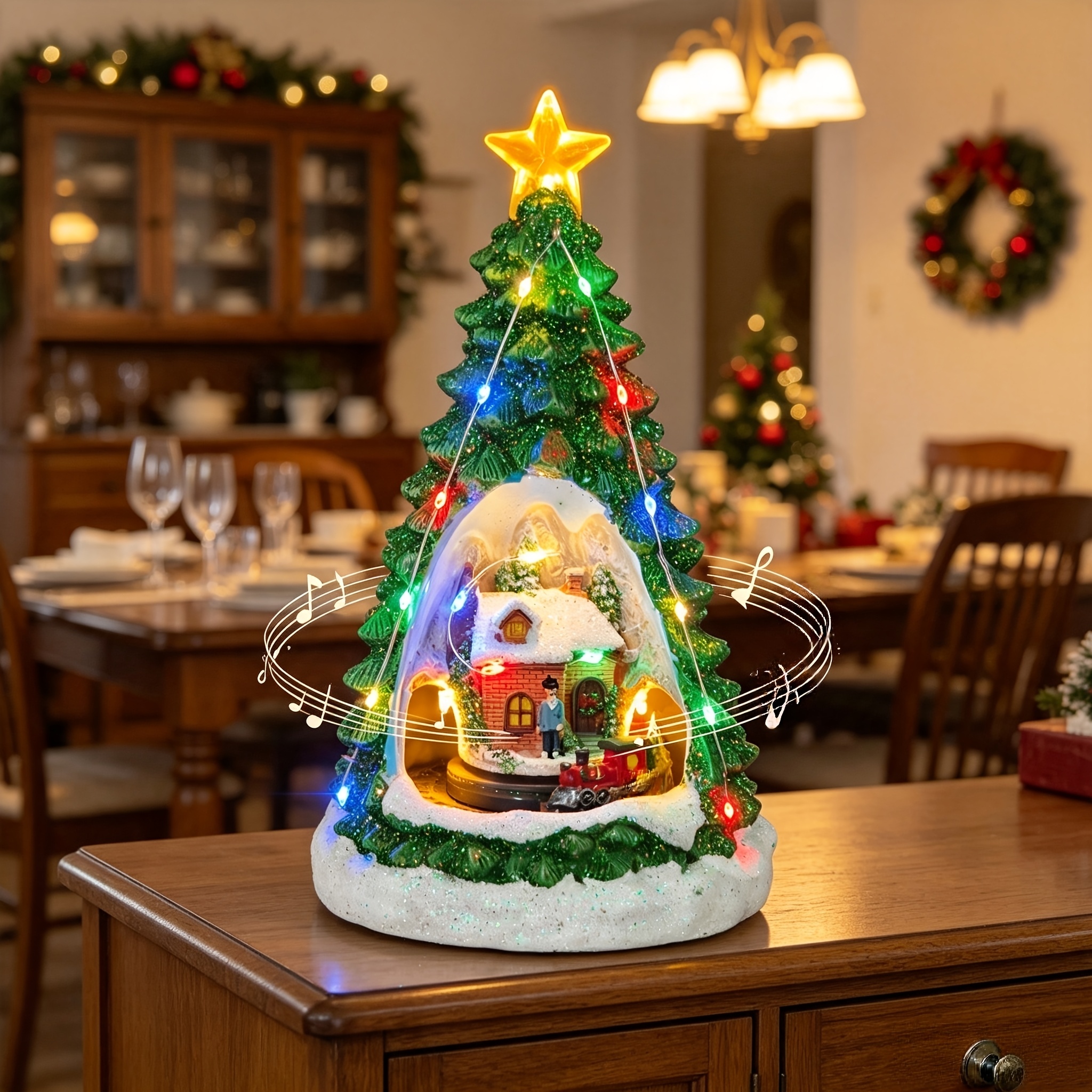 TEMU Musical Rotating Christmas Train With Glowing Xmas Tree - Lighted Tabletop Suitable For Home Desktop Decor, Wedding & Holiday Gifts, Resin