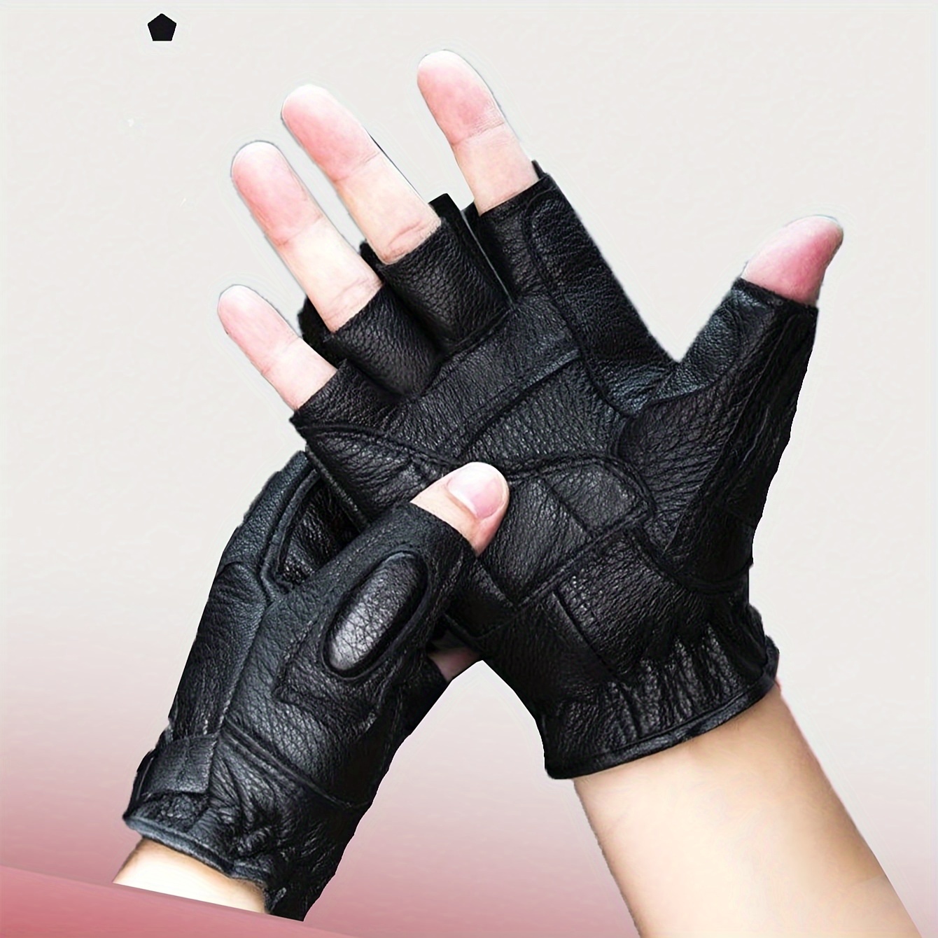 

Men's Genuine Leather Half-finger Gloves, Non-washable, Magic Tape Closure, Woven Fabric, For Biking, Driving, , Anti-slip, Casual Outdoor Wear