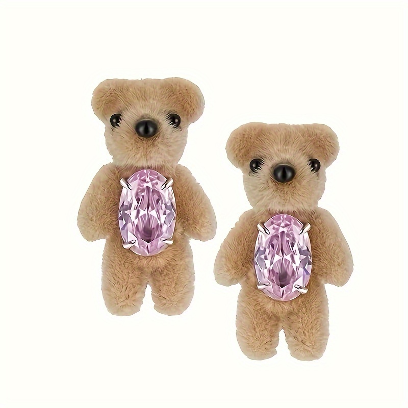 Vintage Boho Velvet Teddy Bear 925 Silver Stud Earrings