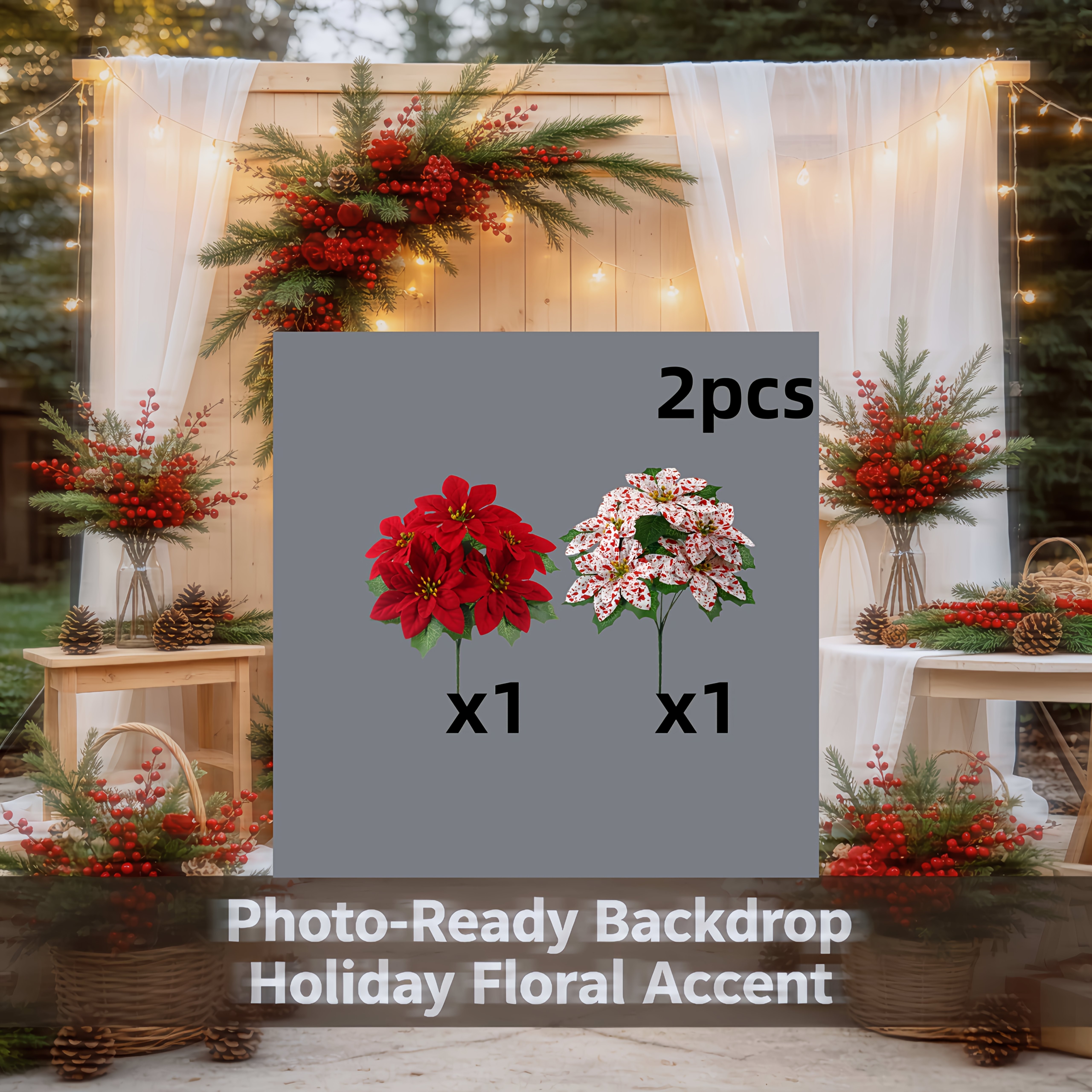 TEMU 2pcs Red And White Contrast Poinsettia Artificial Christmas Bouquet 34cm Synthetic Red White Dot Poinsettia Floral Arrangement Outdoor Porch