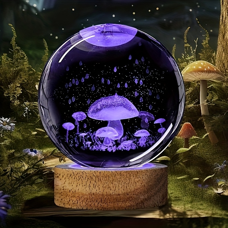 

Usb-powered 3d Laser-engraved Crystal Mushroom Night Light With Wooden Base - Ideal For Home , Valentine's Day, Christmas, Birthdays, Ambient Decor|artistic Light Decor|glass Orb Light, Mushroom Decor