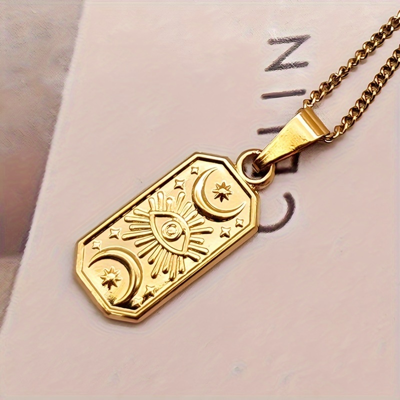 

1pc Collier pendentif en acier inoxydable plaqué or 14K vintage élégant, avec motif soleil, étoiles et , accessoire de chaîne de pull unisexe pour toutes les , idéal pour offrir et les fêtes