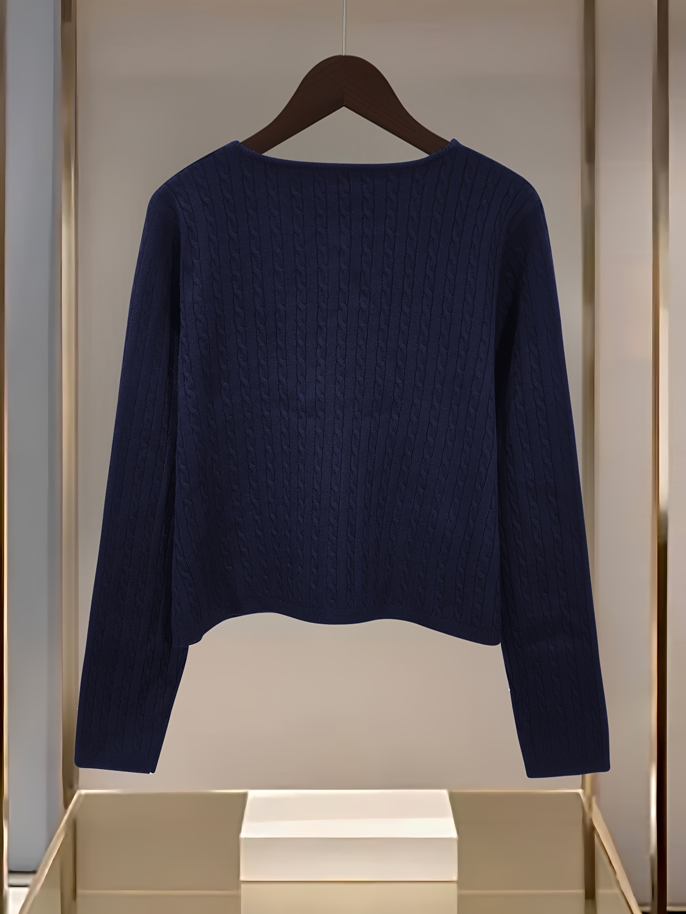 damen einfarbiger kabel strickjacke navy blau einreihiger Temu