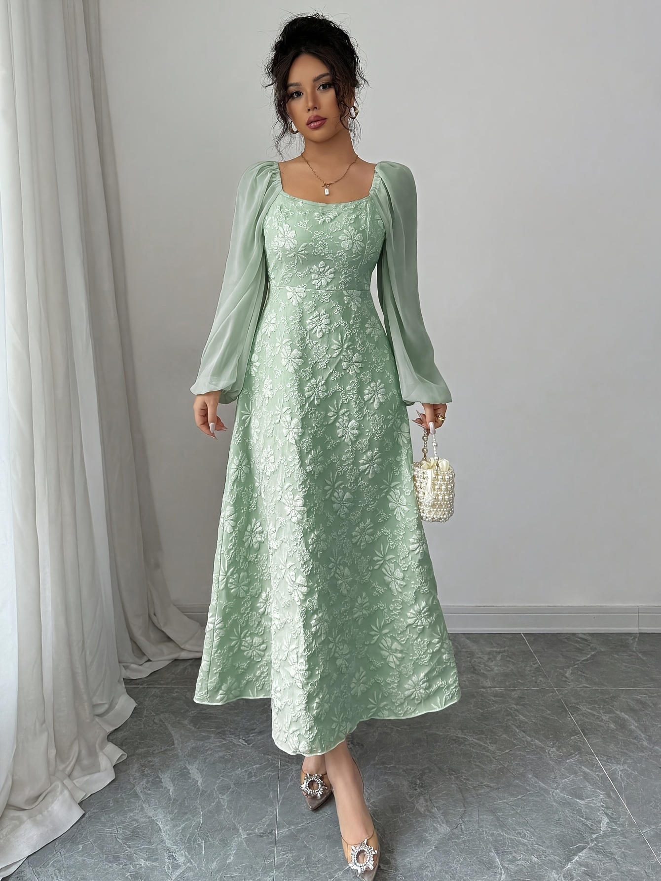 womens elegant jacquard a line long dress puffed sleeves - Temu Oman